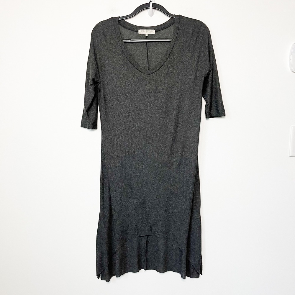 Joah Brown So Simple Ribbed V-Neck T-Shirt Dress Charcoal Gray Womens S/M